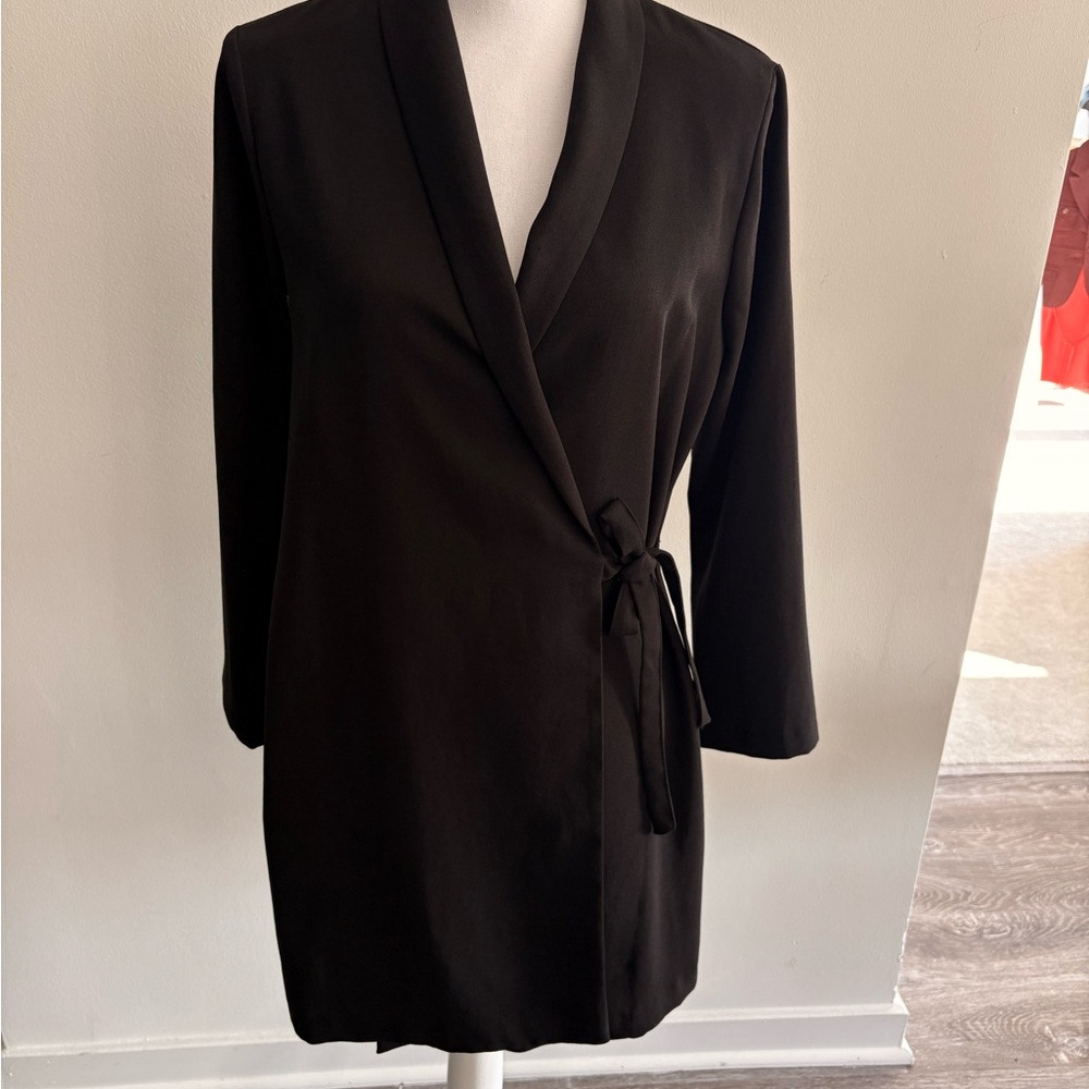 Zara Black Wrap Dress with a shawl collar and side tie waist